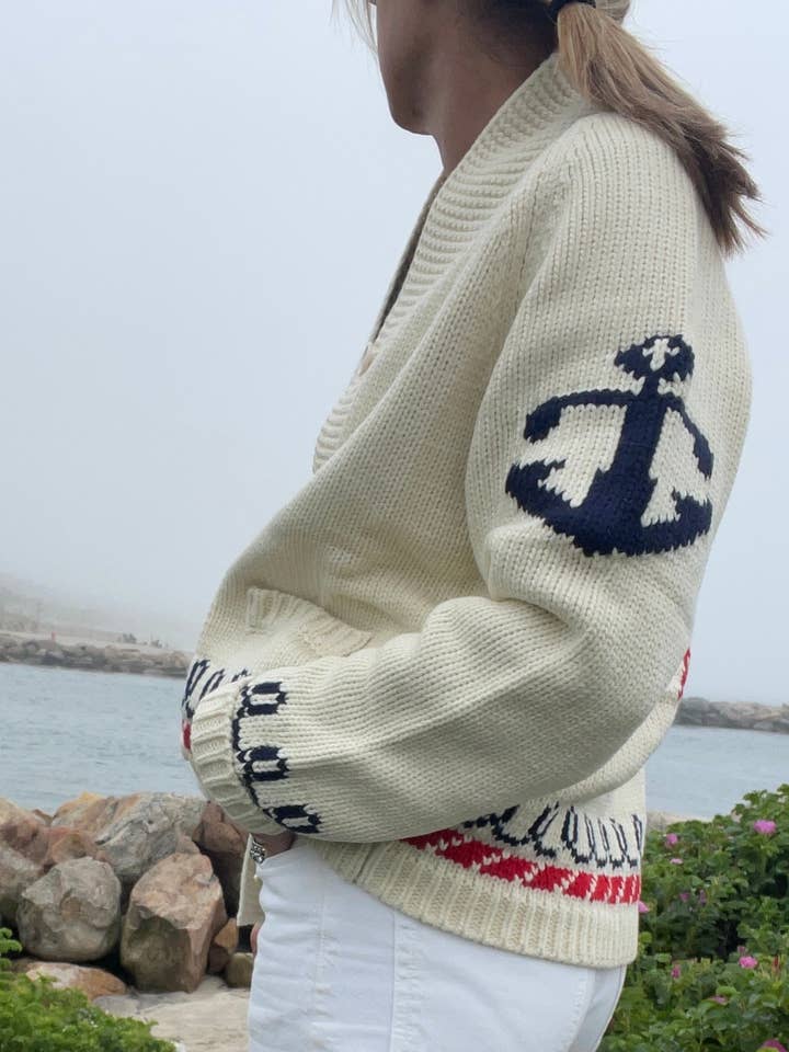 Pink Pineapple - Wholesale Knit Sweater - Women's - Lobster Varsity Cardigan with Vintage Trim in Ivory/Red2