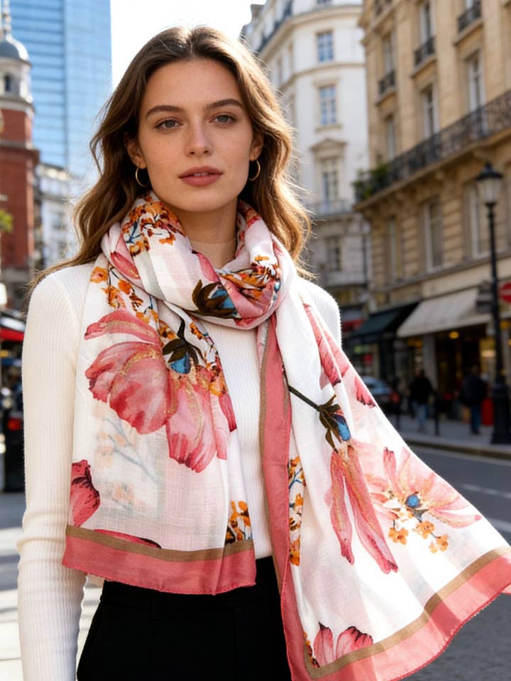 LN-25 Sciarpa con stampa floreale e doratura per la vendita all'ingrosso da parte di LINETA