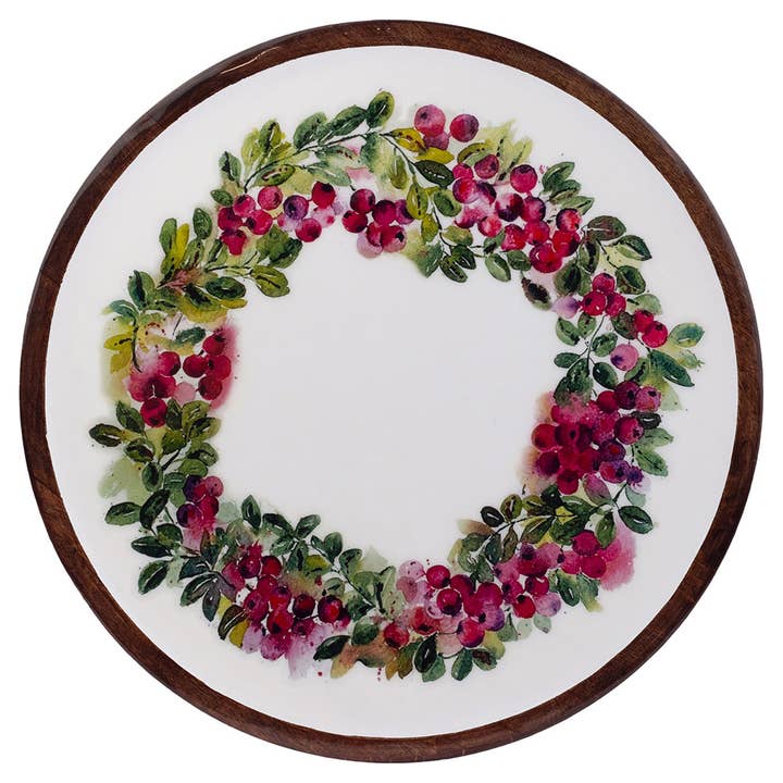 Boston International - Wholesale Lazy Susan - 14" Cranberry Wreath Mango Wood Lazy Susan Christmas
