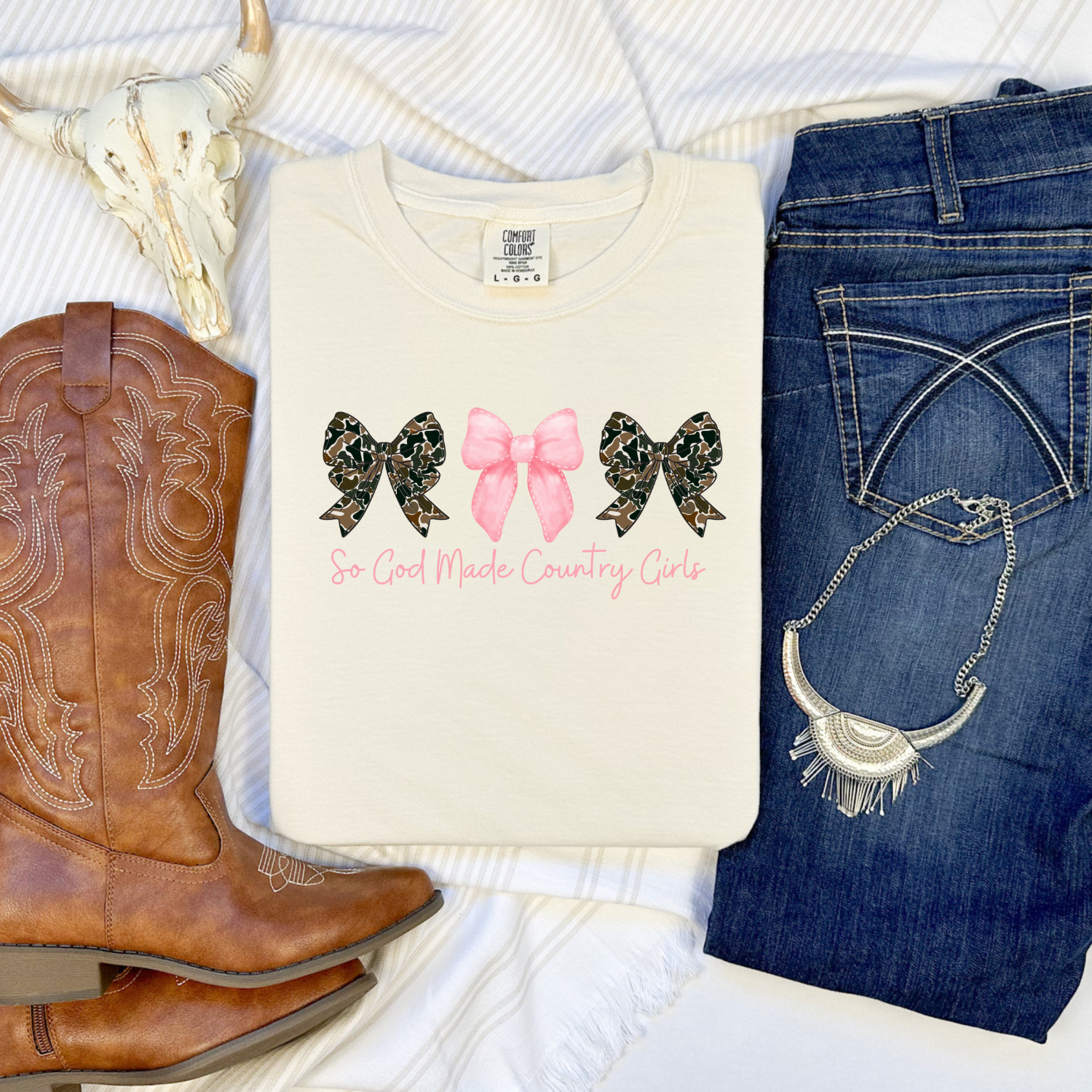 The American Honey - Wholesale Screen Printed T-Shirt - Women's - God Made Country Girls | Camo Bows | CC Graphic Tee0