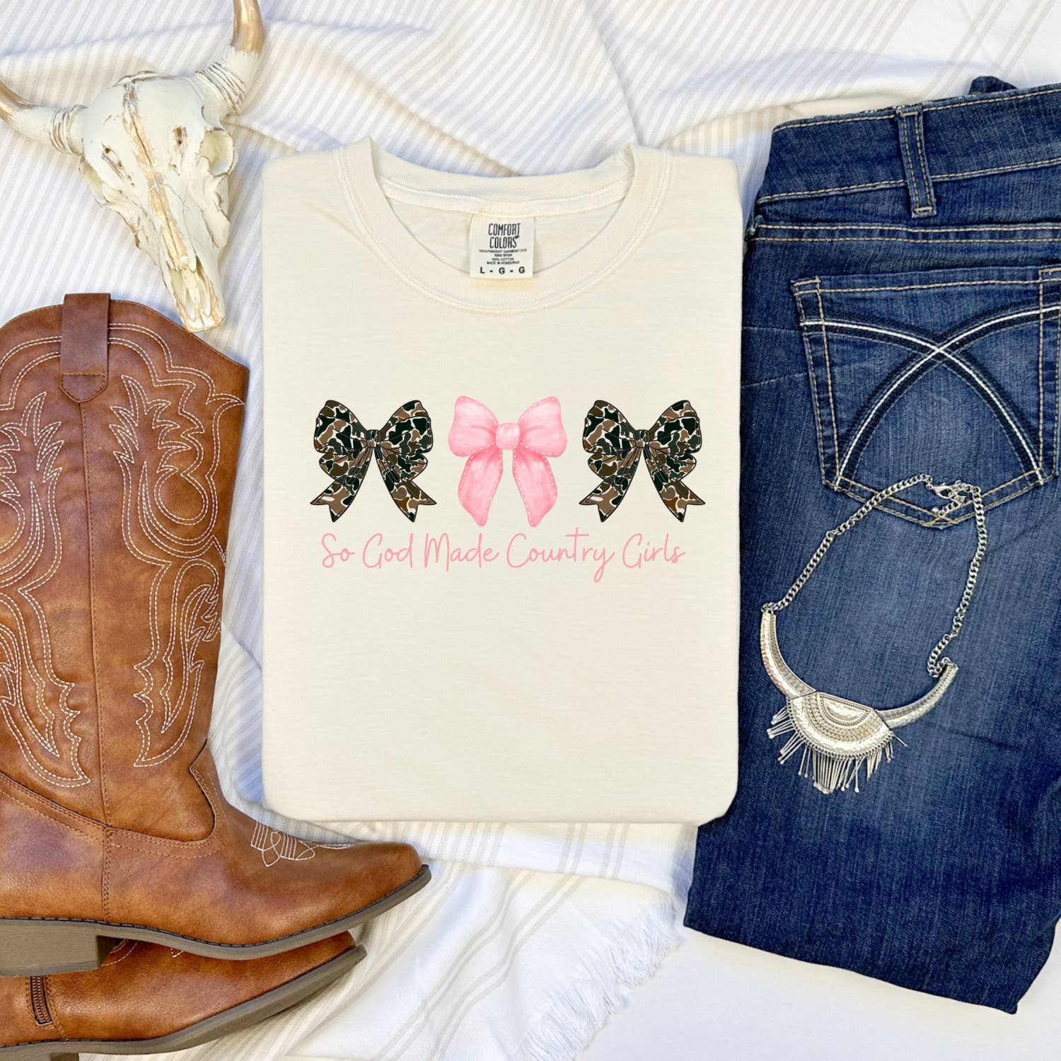 The American Honey - Wholesale Screen Printed T-Shirt - Women's - God Made Country Girls | Camo Bows | CC Graphic Tee