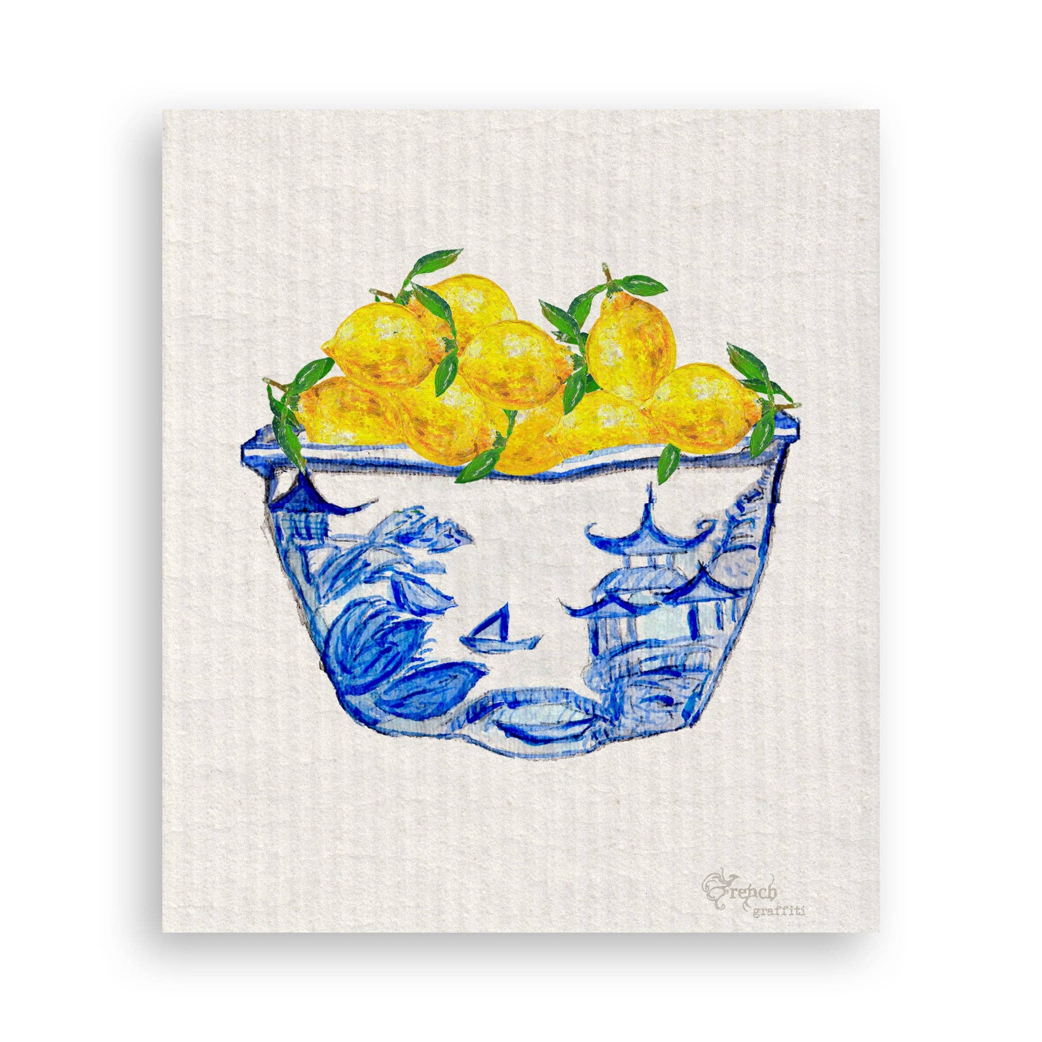 French Graffiti - Vente Torchons - Bol bleu et blanc avec citrons16