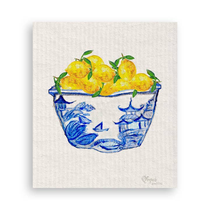 French Graffiti - Vente Torchons - Bol bleu et blanc avec citrons16