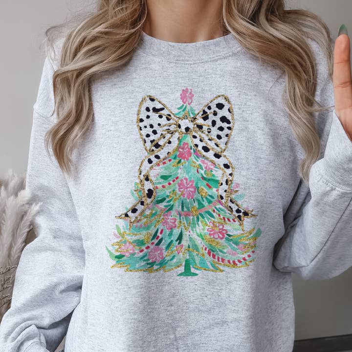 Par.tees by Party On! – Camisola gráfica - Unissexo por atacado – Sweatshirt Gráfico Coquette de Árvore de Natal com Laço de Bolinhas2