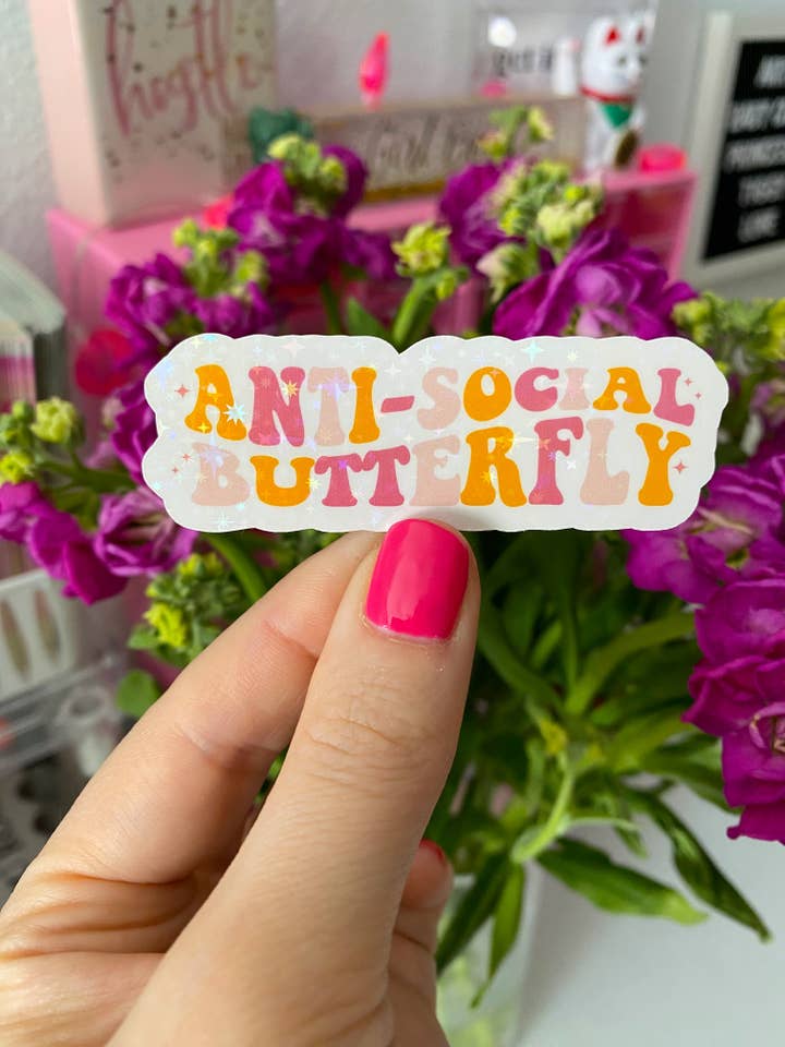 Antisocial butterfly sticker (holographic) for wholesale by Party Like A King