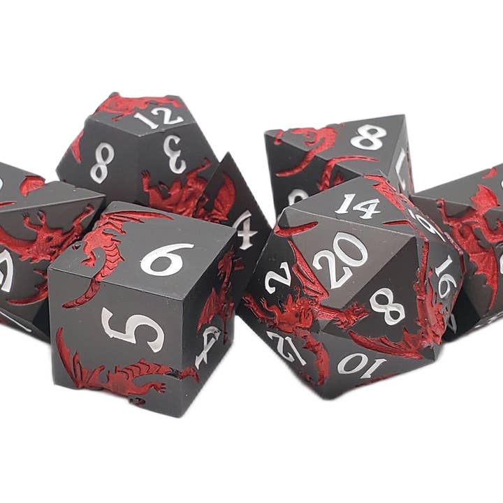 Metal Dice Set: Soaring Dragon - Matte Black w/ Red for wholesale by Old School Dice