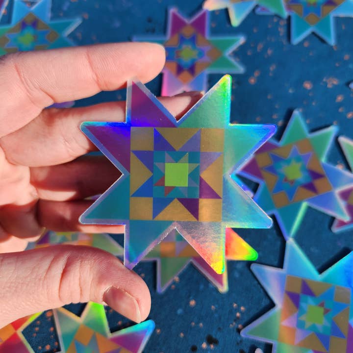 Star Stacked | 2.5" Holographic Star Quilt Block Sticker for wholesale by Copper Kettle Quilt Company