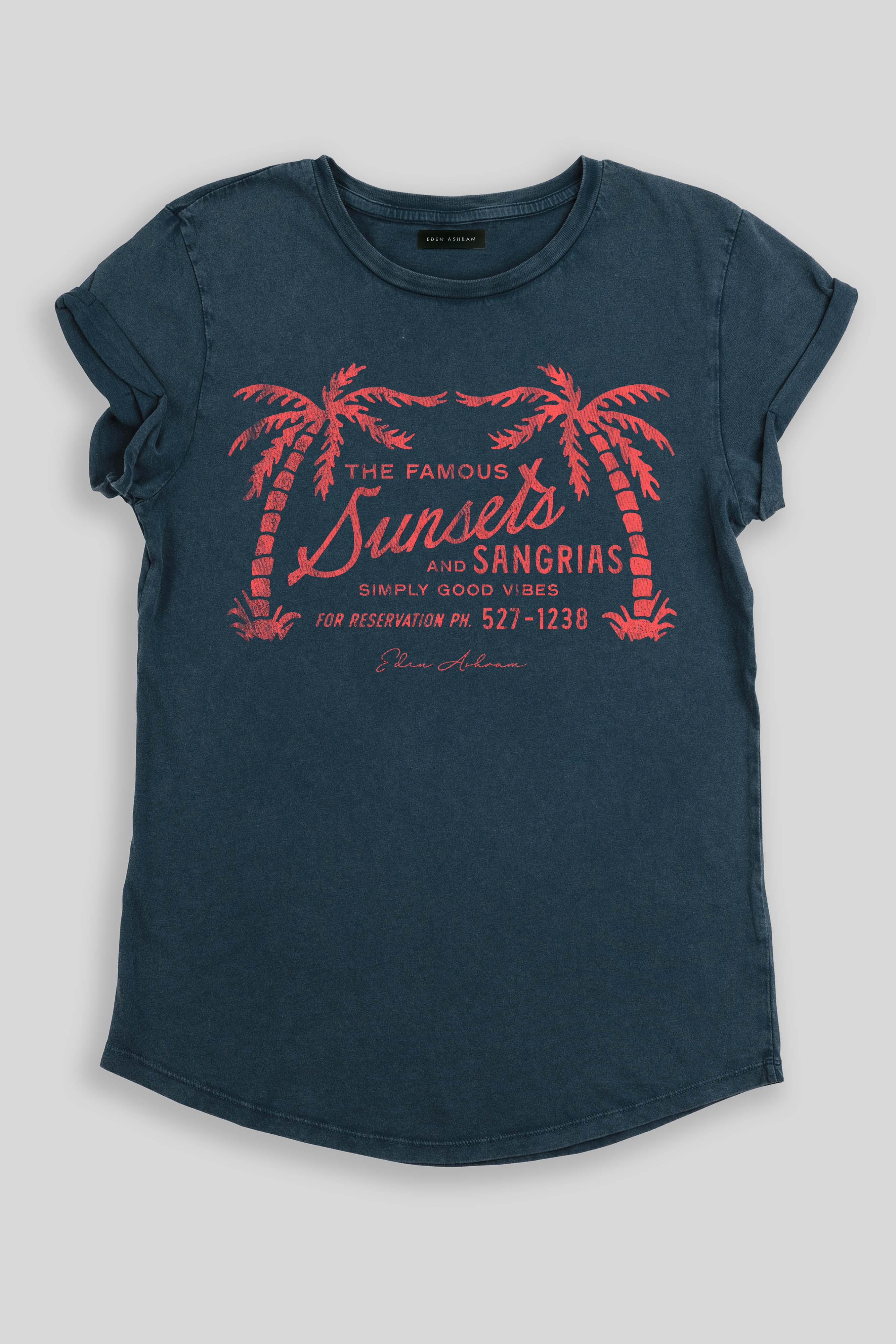 Eden Ashram – wholesale Screen printed t-shirt – Women′s – The Famous Sunsets and Sangrias Premium Rolled Sleeve T-Shirt8