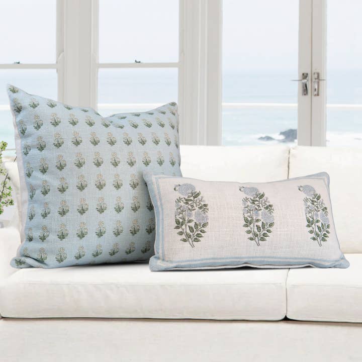 Tajik Home LLC - Wholesale Throw Pillow Cover - Arabella Sky Blue Block Print Pillow - Decorative Cushion