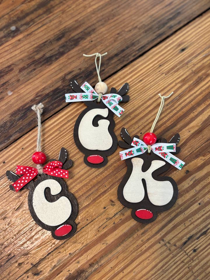 Initial Rudolph Reindeer Christmas Ornament Handmade for wholesale by Wood’N Sass