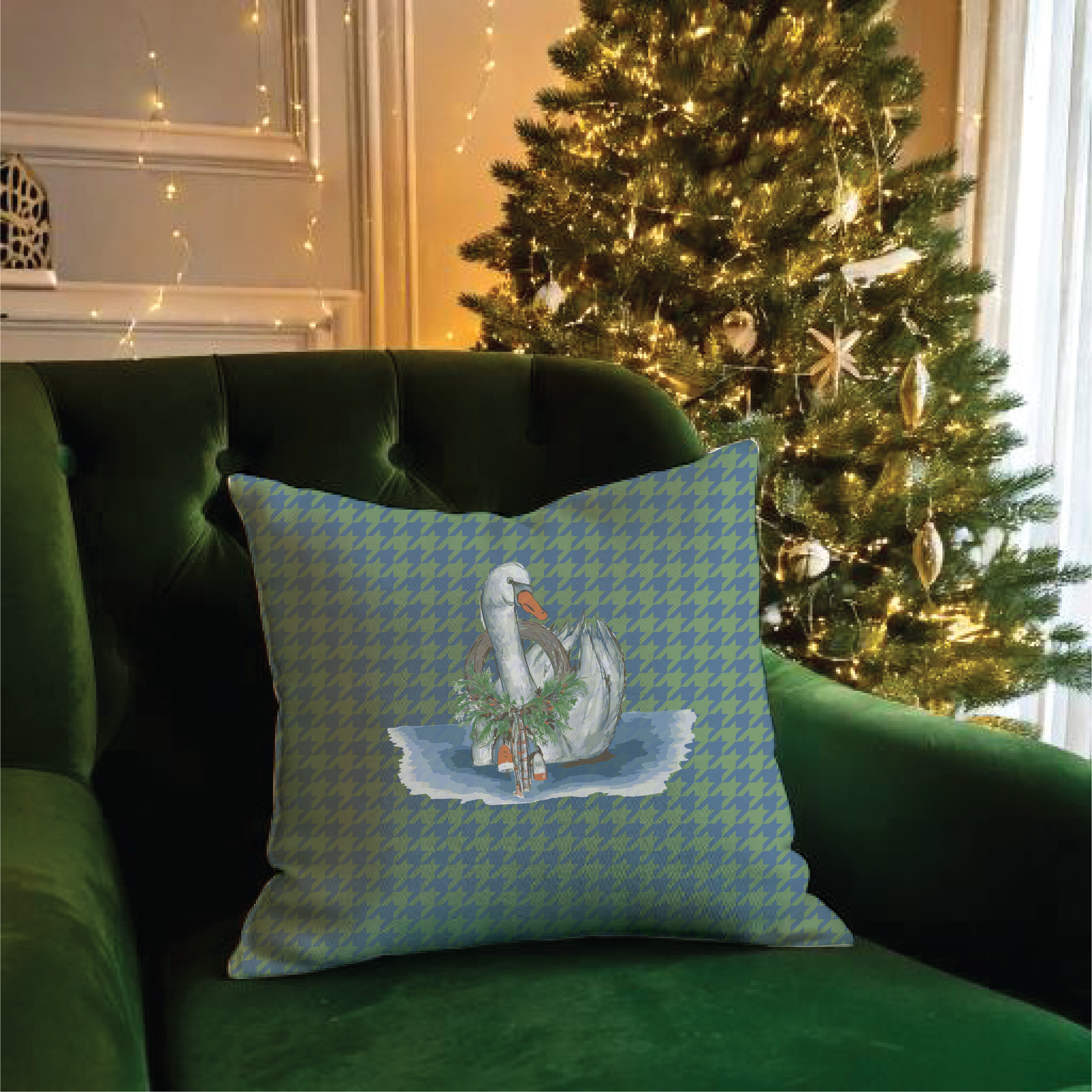 Melissa Dayton Art and Design - Wholesale Throw/Decorative Pillow - Coastal Christmas Swan Pillow – 18"x18"0