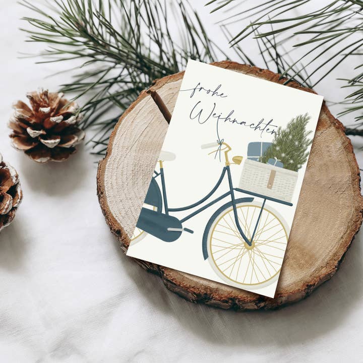 Wildblumen Atelier - Vendita all'ingrosso Biglietti di auguri di Natale - Cartolina di buon Natale in bicicletta con regali, FSC