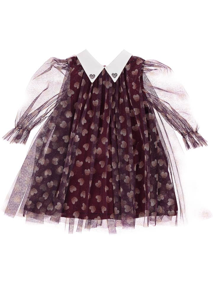 PS23W001014/A Bergine-jurk van tule met hartjes voor wholesale door Piccola Speranza