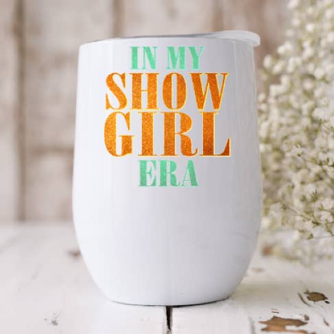 TS In My Showgirl ERA Mint Orange Glitter 12oz Wine Tumbler for wholesale by Dogwood Graphics & Design