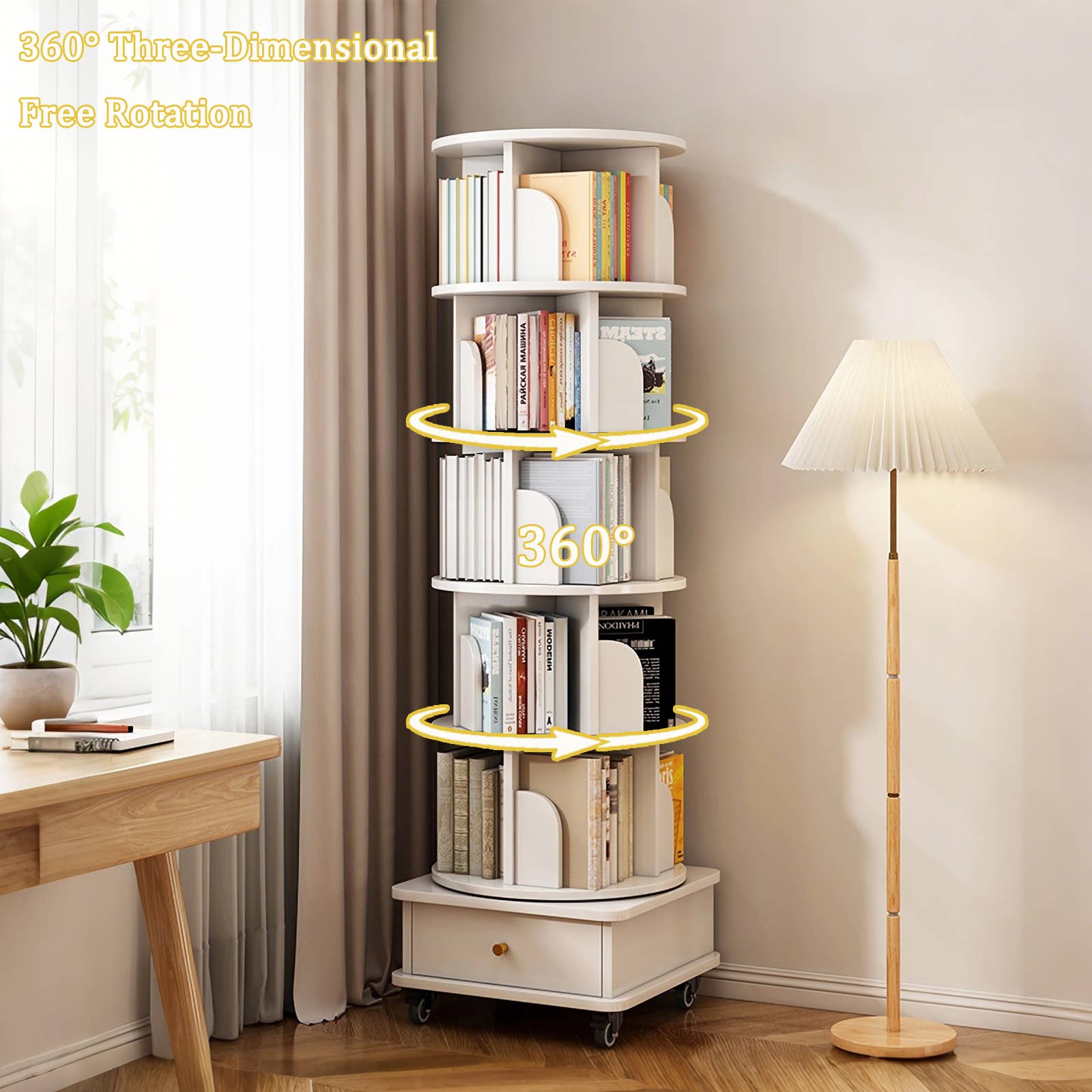 39F Inc. - Wholesale Bookcase - 5/6-Tier 360° Rotating Bookshelf with Drawer, White/Wood3