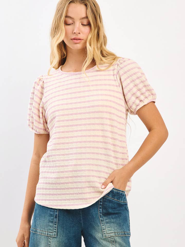STRIPED SHORT PUFF SLEEVE ROUND NECK KNIT TOP for wholesale by mittoshop