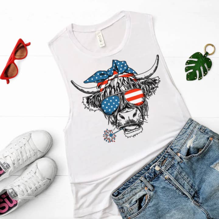 Patriotic Highland Cow Tank - 4th of July, America for wholesale by The Tiny Closet