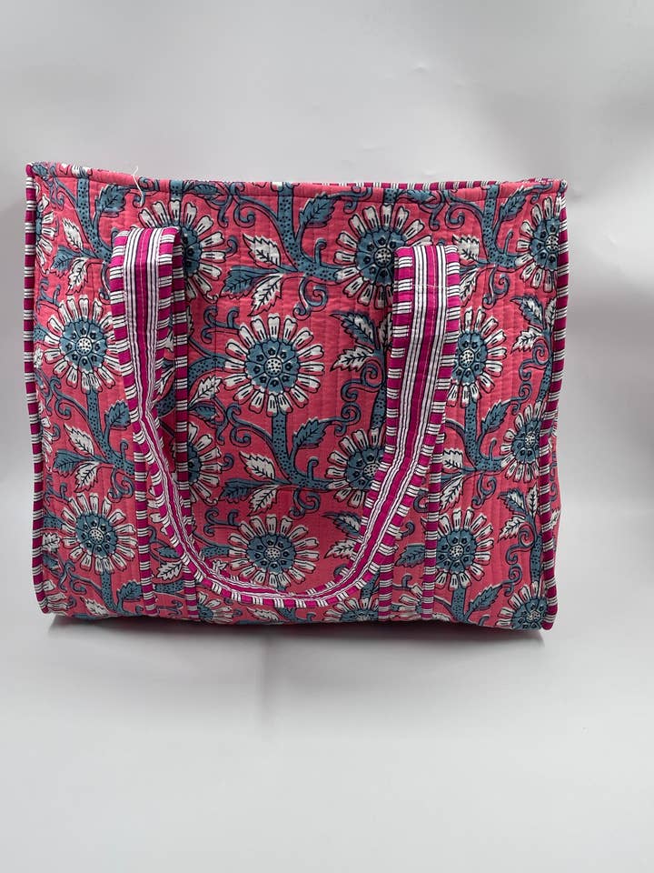 100% Cotton Kantha Quilted Boho Floral Reversible Tote Bag for wholesale by Funky Yak Ltd