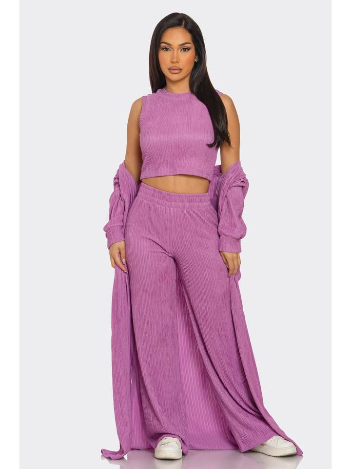 3 Piece Cardigan Set Pants And Crop Top for wholesale by FashionShowcase
