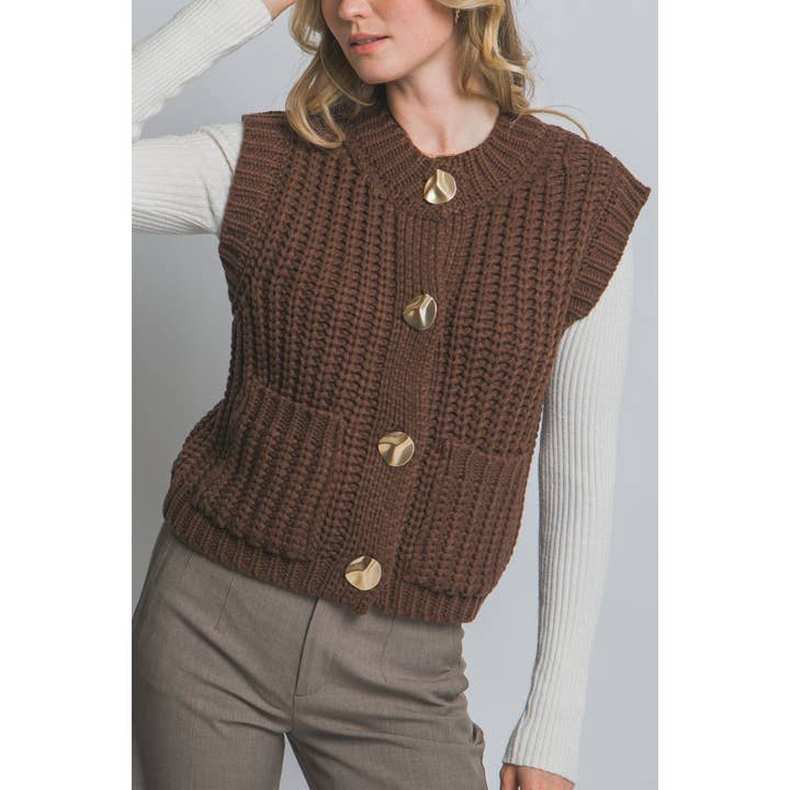 Knit Sweater Vest Gold Button Down for wholesale by Paperdoll