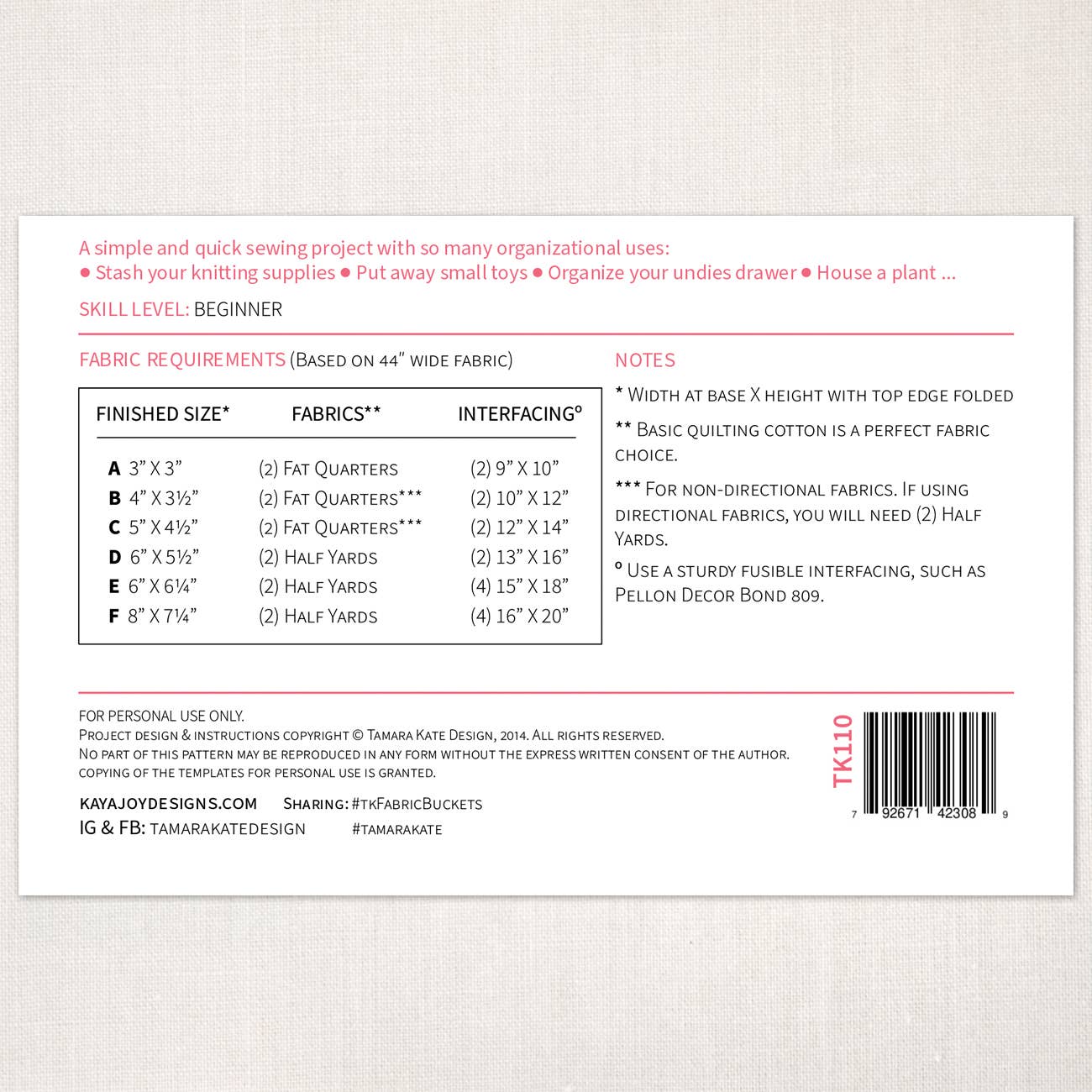 Tamara Kate Design – wholesale Craft sewing kit – Fabric Buckets Sewing Pattern2