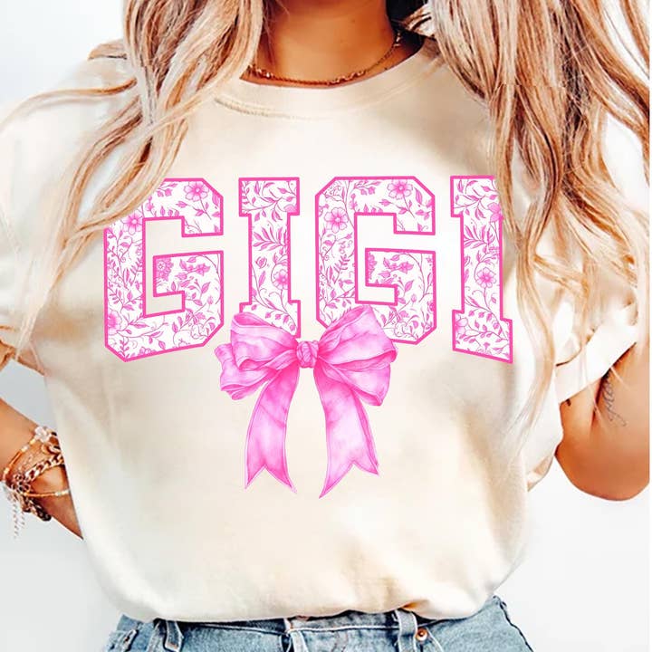 Gigi Floral T-Shirt, Cute Pink Bow Unisex Sweatshirt for wholesale by NVC Ecommerce LLC