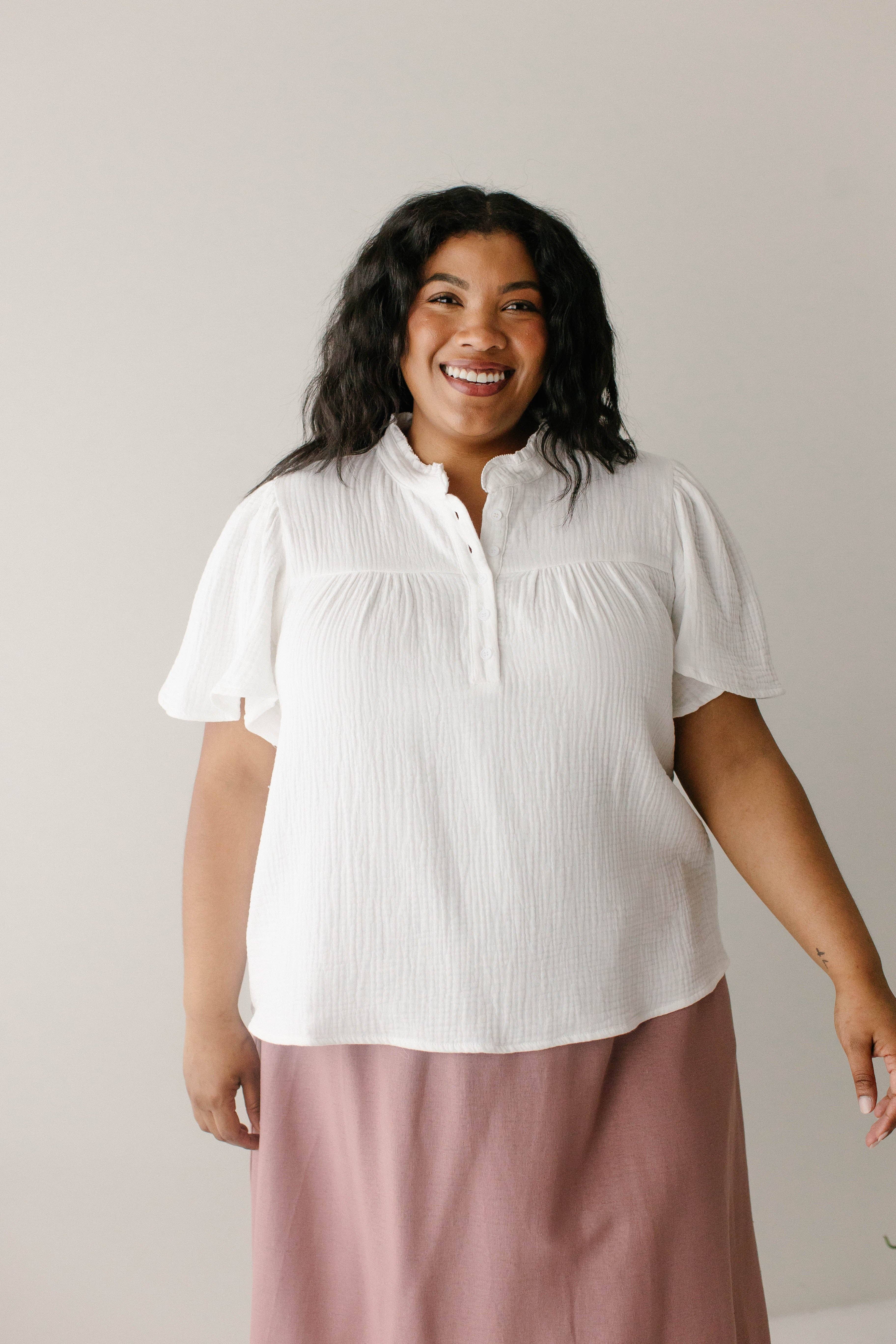 White 'Deborah' Cotton Gauze Ruffle Trim Blouse FINAL SALE for wholesale on Faire4