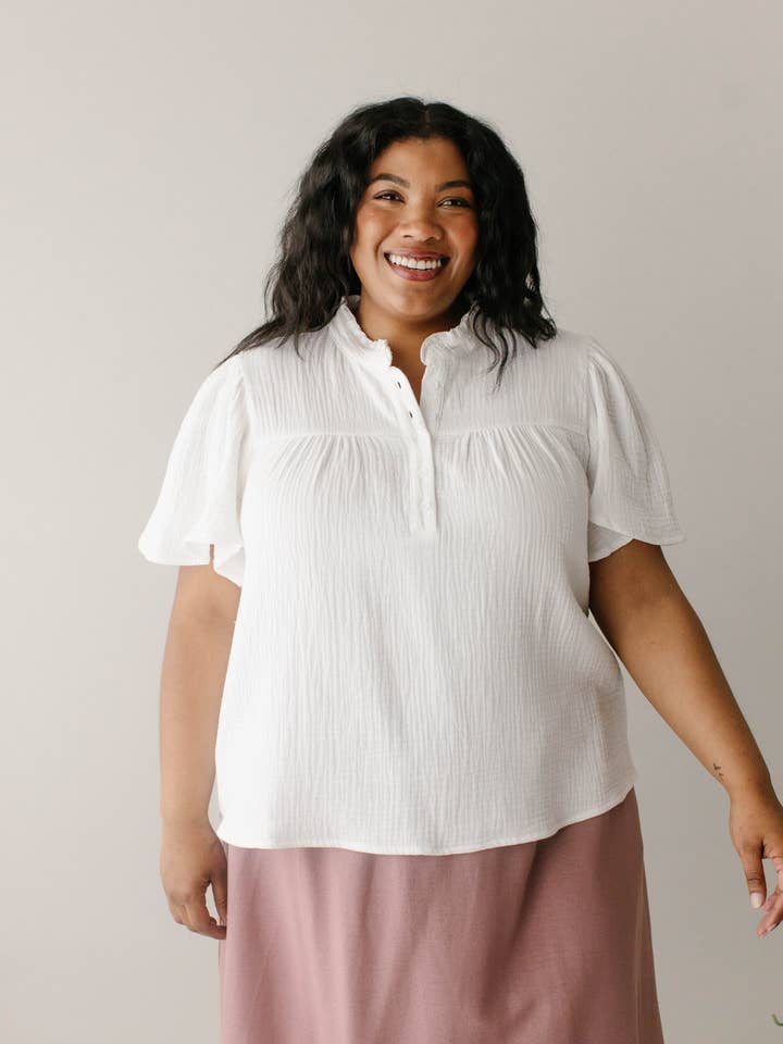 White 'Deborah' Cotton Gauze Ruffle Trim Blouse FINAL SALE for wholesale on Faire4
