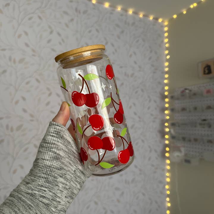 SKS Design Studio - Wholesale Drinking Glass/Cup - Cherry | 20 oz Glass Tumbler with Bamboo Lid & Straw4