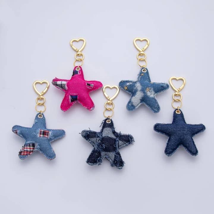 Patch Work Denim Puffy Star Heart Bag Charm ✦ BC-21WB00140 - BC-21WB00144 for wholesale by Simply Jewels