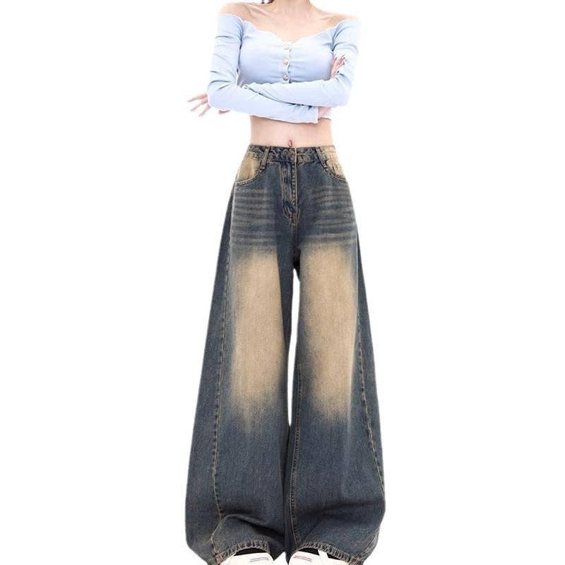 GRAY Vintage High Waisted Wide Leg Distressed Denim Jeans for wholesale on Faire0