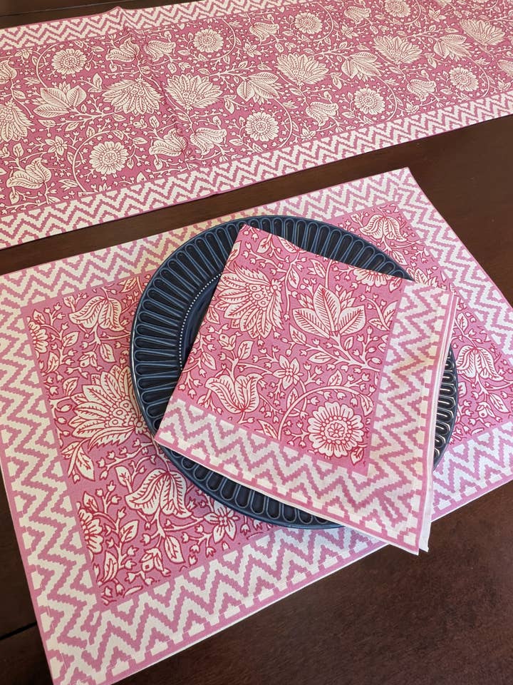 Pink Floral Block-Printed Tabletop Linen for wholesale by Mystic Marigold Co.