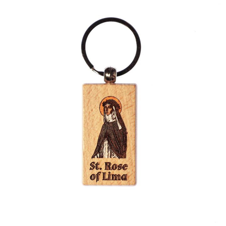 St. Rose of Lima Hand-Colored Keychain – Laser Engraved Solid Wood – Crafted in the USA — Catholic for wholesale by SercelPress