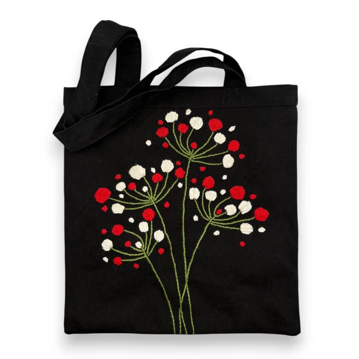 Tote Bag with Hand Embroidery - Berries on Black for wholesale by Dandarah (Ships from USA)