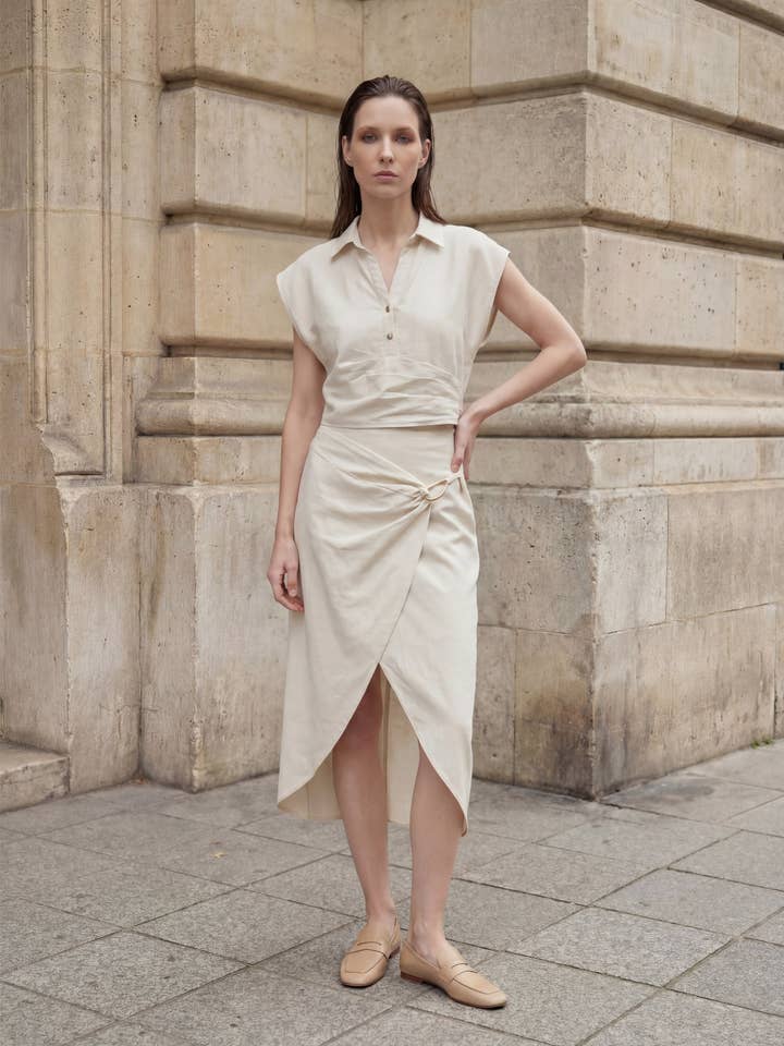 Elegant Beige Two-Piece Set: Buttoned Crop Top & Draped Wrap for wholesale by Design company-Fatma Balkir