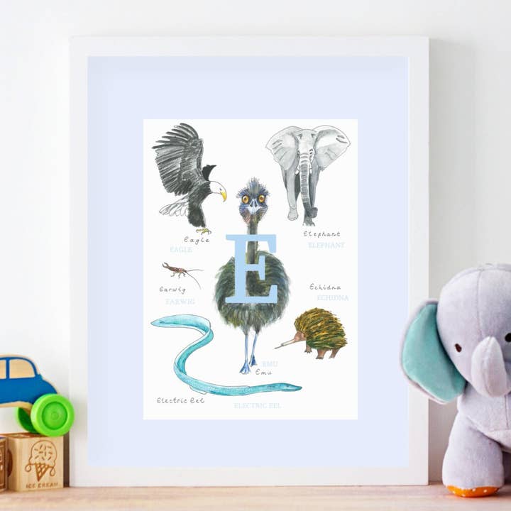 Animal Alphabet Letter E Print for wholesale by Sarah Gregory Designs