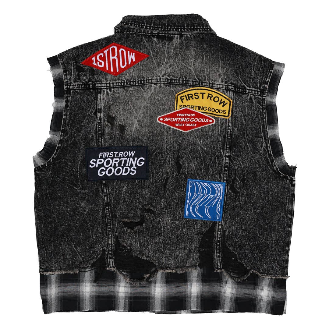 Black Stone PATCHES CUT OFF PLAID DENIM VEST for wholesale on Faire7
