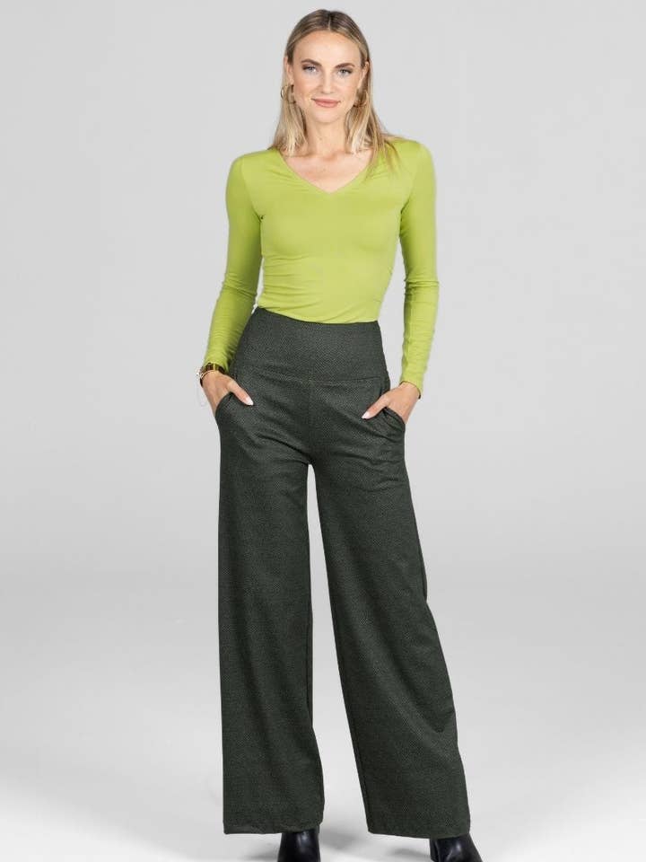 HIGH WAIST WIDE LEG PANT: OLIVE TWEED for wholesale by KiraGrace
