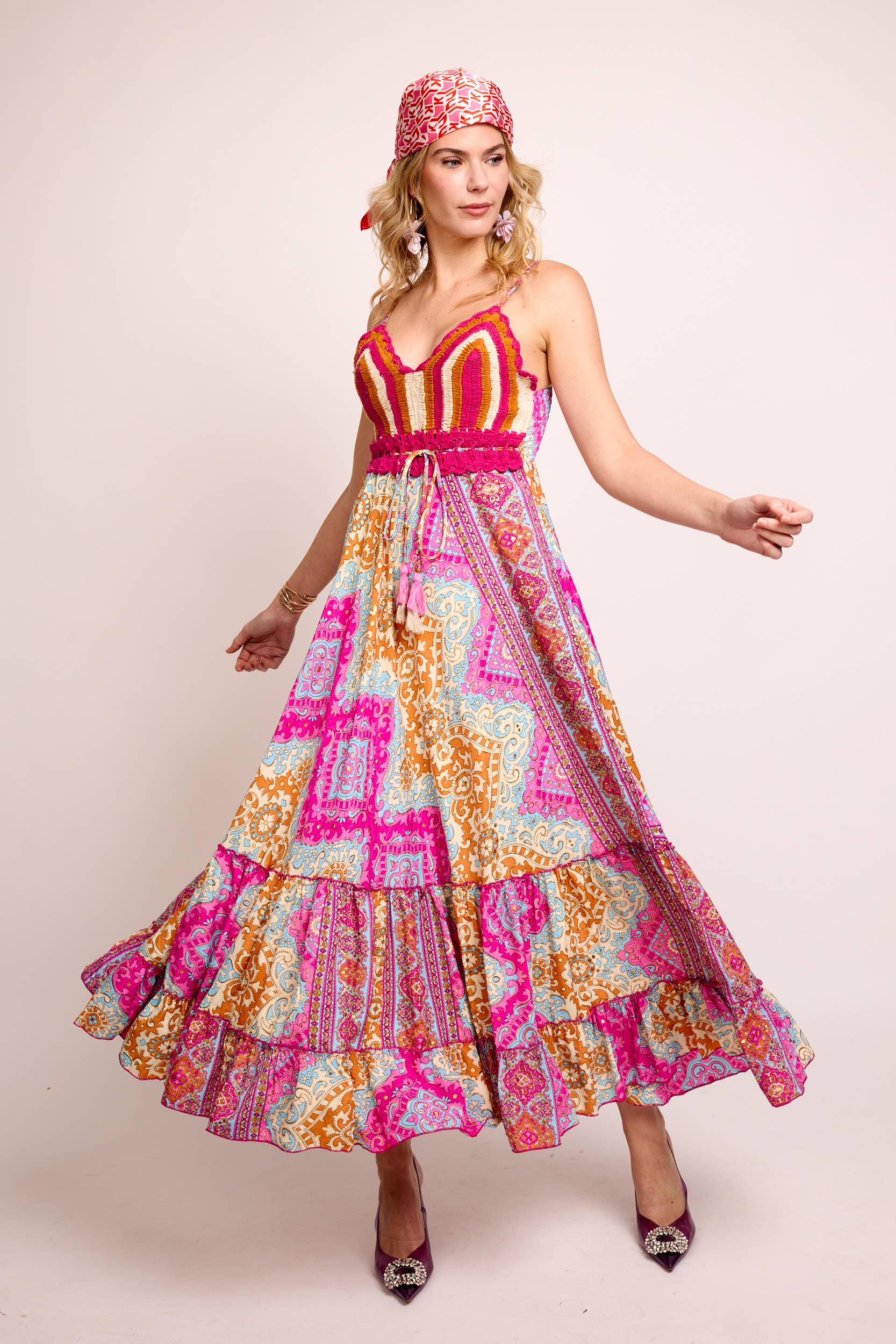 PINK TURQUOISE KLEIN BLUE PRINTED DRESS 100% COLD SILK, GOLD DETAILS, CROCHET for wholesale on Faire