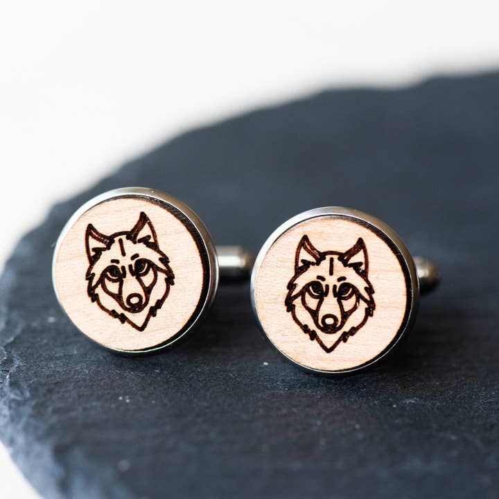 Wild Wolf Cherry Wood Cufflinks -CL30053 for wholesale by Robin Valley