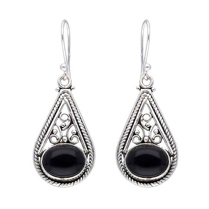 925 Sterling Silver Black Onyx Gemstone Dangle Earrings for wholesale by Tiramisu
