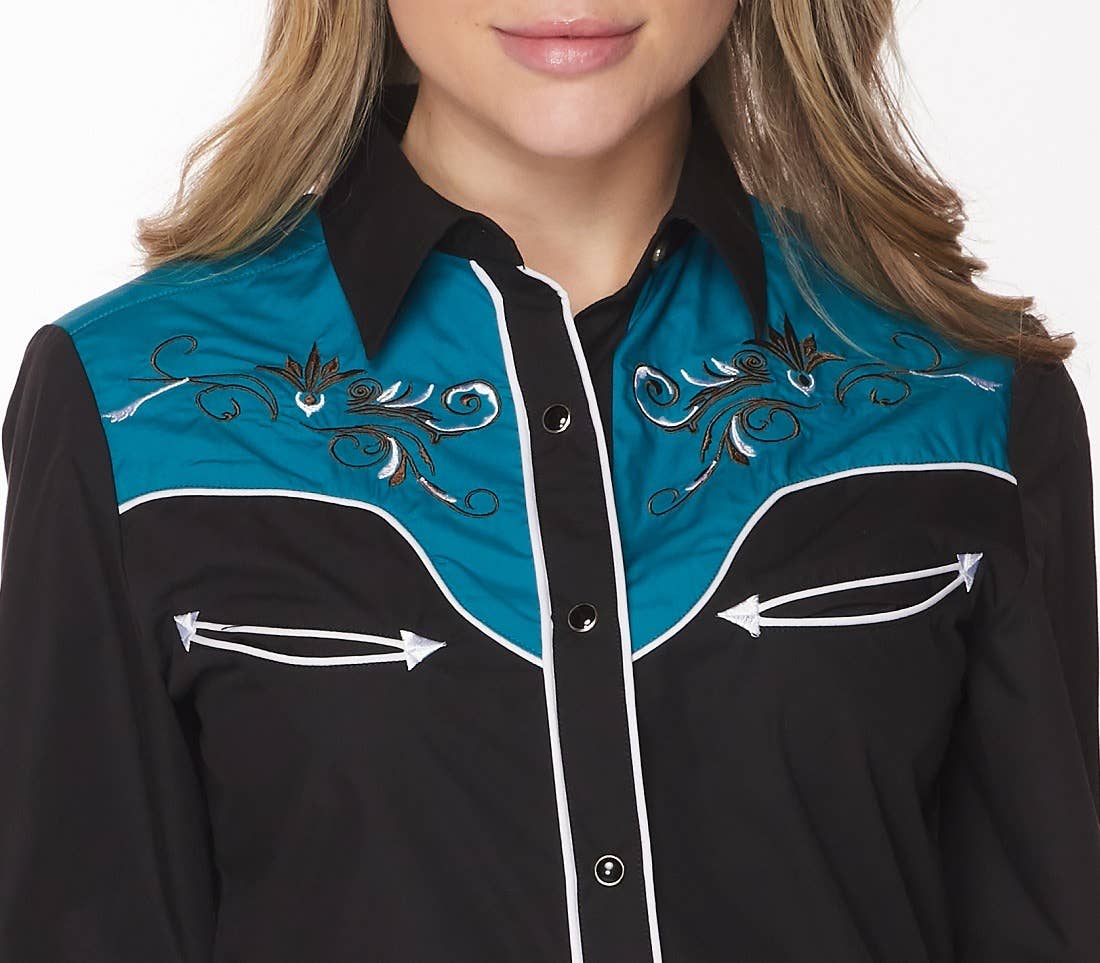 Rodeo Clothing - Vente Chemise à col boutonné – femme - Robe brodée à manches longues d'inspiration western pour femmes9