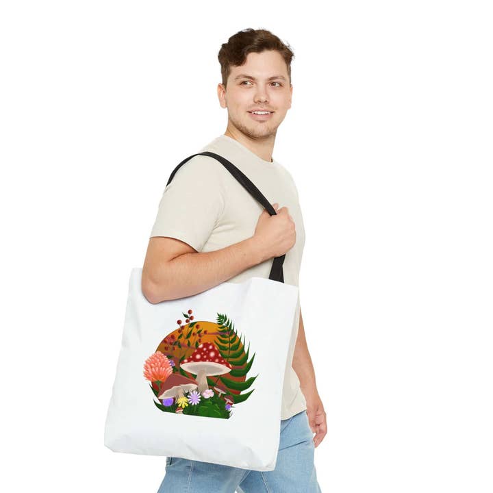 Champignons et fleurs, sac fourre-tout AOP, haute qualité, transporteur de papeterie pour la vente par Celestia Libra Creative