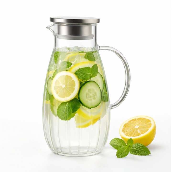 Caraffa in vetro Aqua 1,8L in vetro borosilicato con coperchio in acciaio inossidabile e filtro – Caraffa d'acqua, brocca d'acqua, caraffa da vino, resistente al calore per la vendita all'ingrosso da parte di Biomatea
