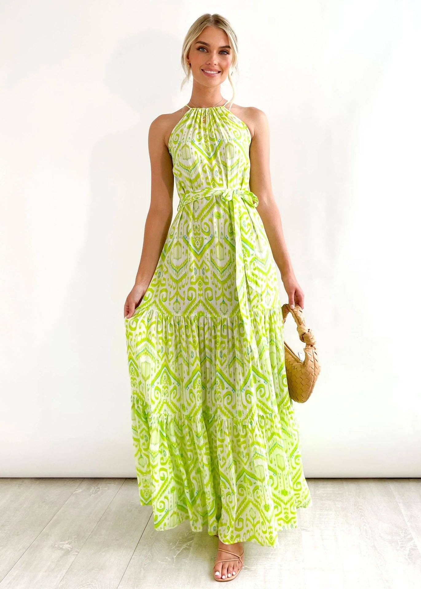 Green Ladies Strape Shoulder Argyle Print Daily Midi Dress 23278 for wholesale on Faire3