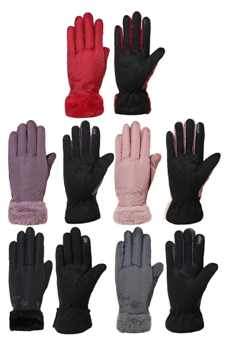 Cap Zone - Wholesale Gloves - Women's - Women's Mini Rose Faux Fur Cuffed Nylon Gloves1