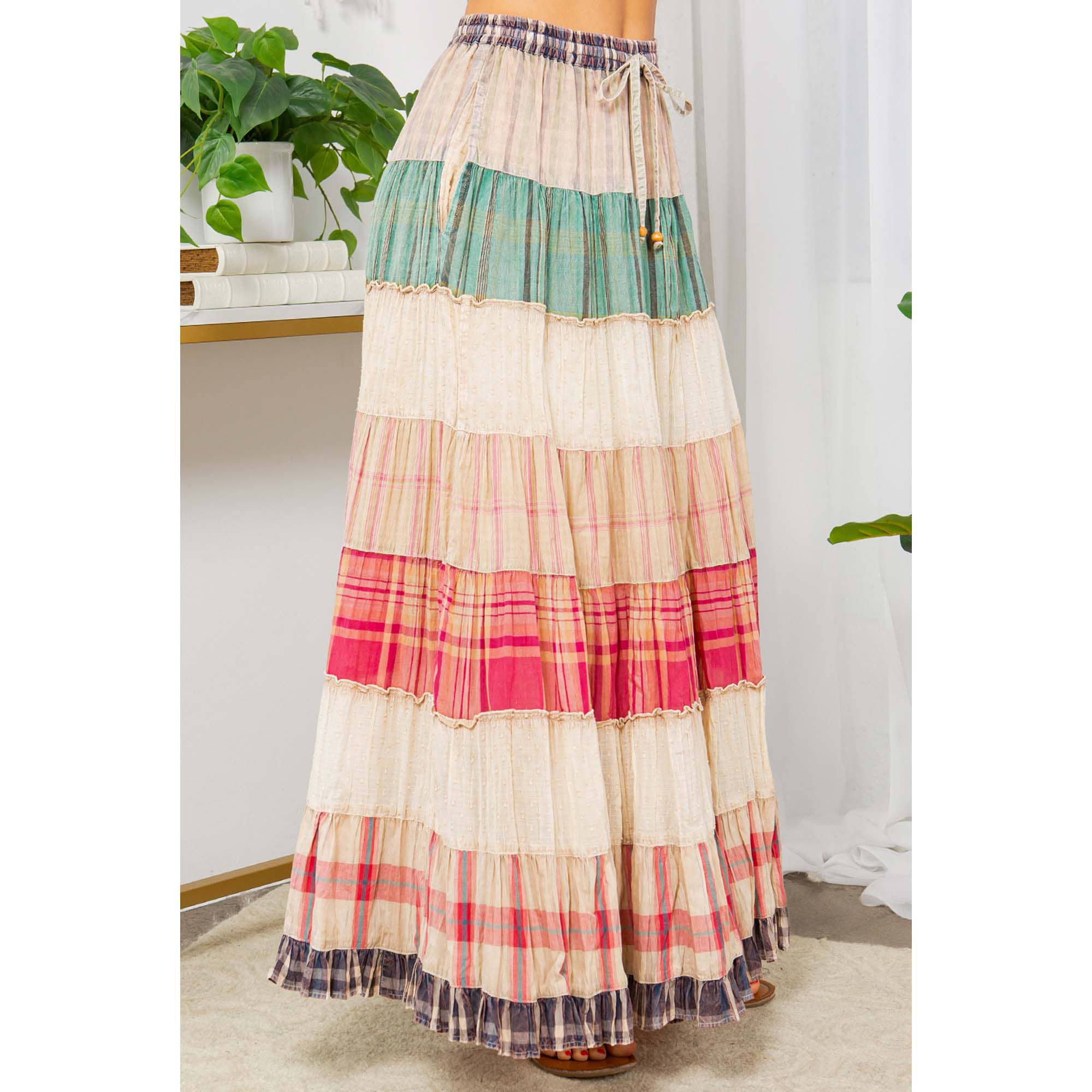 Young Threads - Wholesale Skirt - Women's - Vintage Vibes: Crinkled Tiered Skirt With Mixed Cotton Dobby5