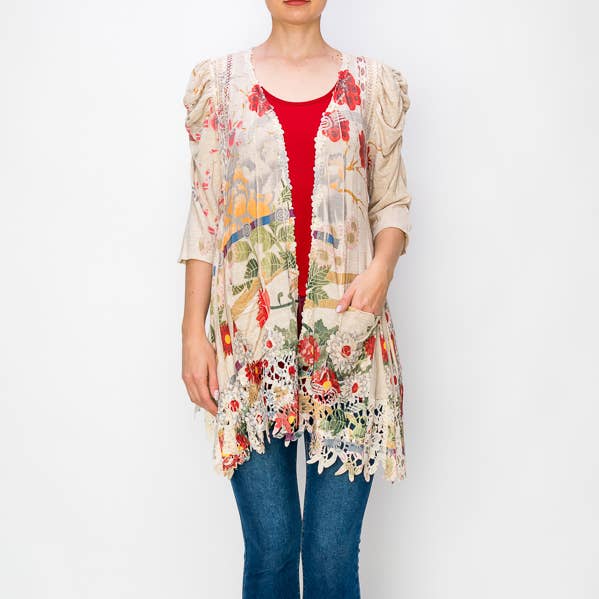 CARDIGAN WITH POCKETS AND CHUNKY LACE TRIMMINGS-4556 BG/J FL for wholesale by Origami Apparel ~ Lace and Crochet inspired