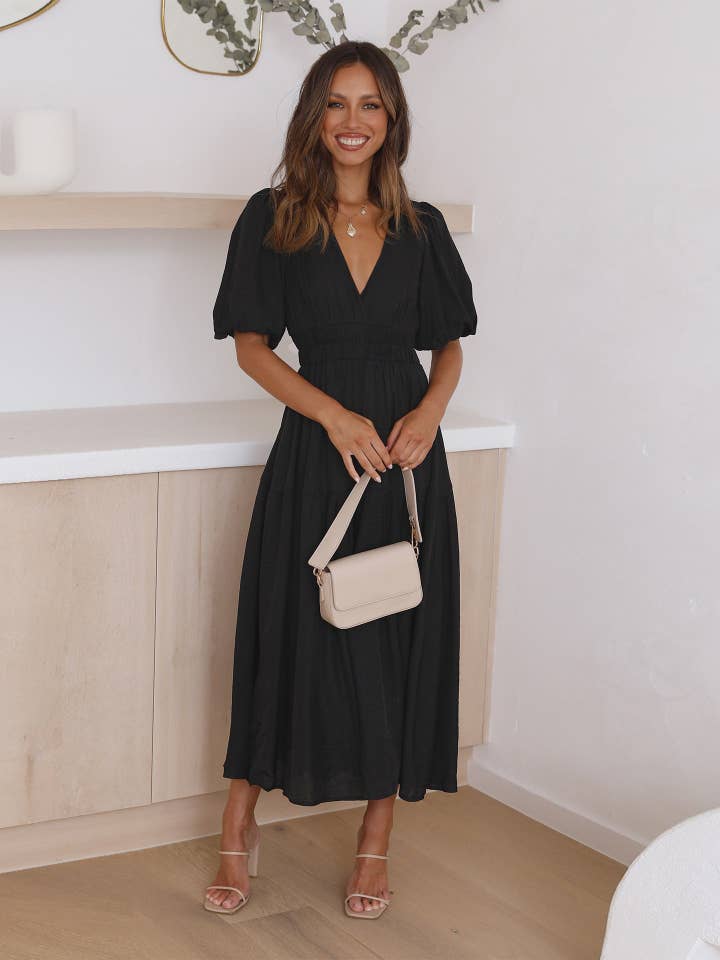 Sweetkama - Wholesale Dress - Women's - Ladies Bubble Sleeves V-Neck Daily Midi Dress GQRM