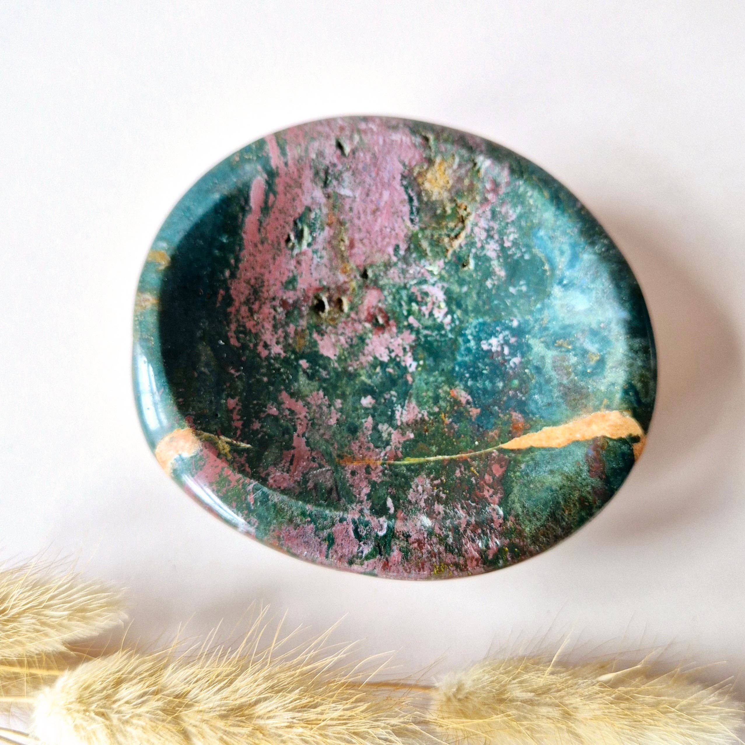 Moonlight Gemstones – wholesale Decorative plate/dish/bowl – XL Ocean Jasper bowl – Hand-polished gemstone bowl #3 – 309 grams0